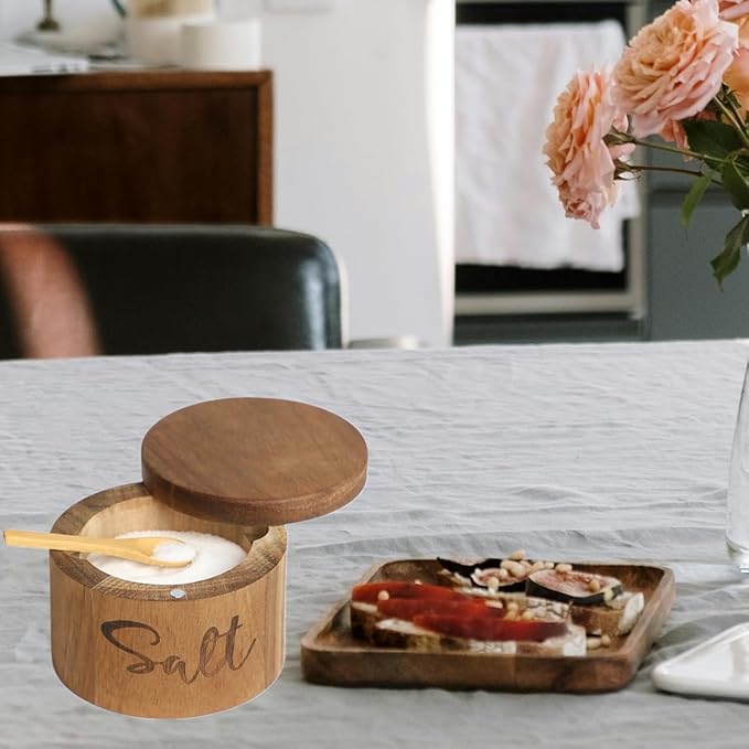 Acacia Wood Spice Boxs with Swivel Cover for Kitchen Countertop,Salt Keeper with Built-in Spoon,Modern Farmhouse Kitchen Decoror for Storing Seasonings (Labeled Salt)