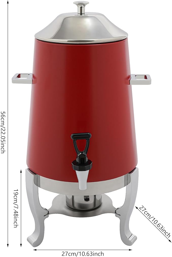 Stainless Steel Beverage Dispensers, Drink Dispenser with Fuel Holder & Base & Stainless Steel Faucet 3.4Gal Hot Beverage Dispenser, Commercial Coffee Urn for Hotels, Canteens（Silver, Red）