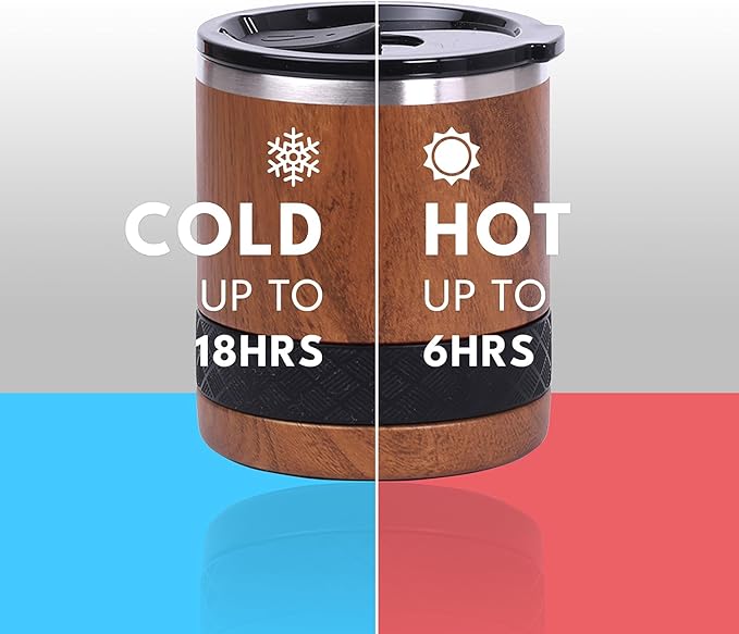 Elemental Recess Lowball Tumbler, 10oz Triple Wall Stainless Steel Cup with Non-Shattered Tritan Lid, Insulated Whiskey Glass, Insulated Coffee Tumbler Mug for Hot & Cold Drinks - Teak Wood