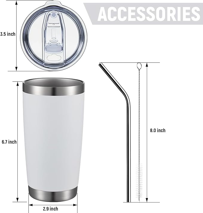 COMOOO 20oz White Tumbler Bulk with Straw Stainless Steel Insulated Coffee Tumbler Cups Double Wall Vacuum Travel Coffee Mug with Splash Proof Sliding Lid for Hot Cold Drinks (White, 4 Pack)