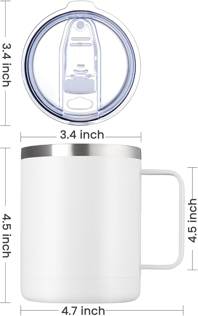 MEWAY 12oz Coffee Mug With Handle 4 Pack Bulk,Stainless Steel Insulated Travel Tumblers With Sliding Lid,Double Wall Vacuum Camping Cup for Hot & Cold Drinks Tea (White,Set of 4)