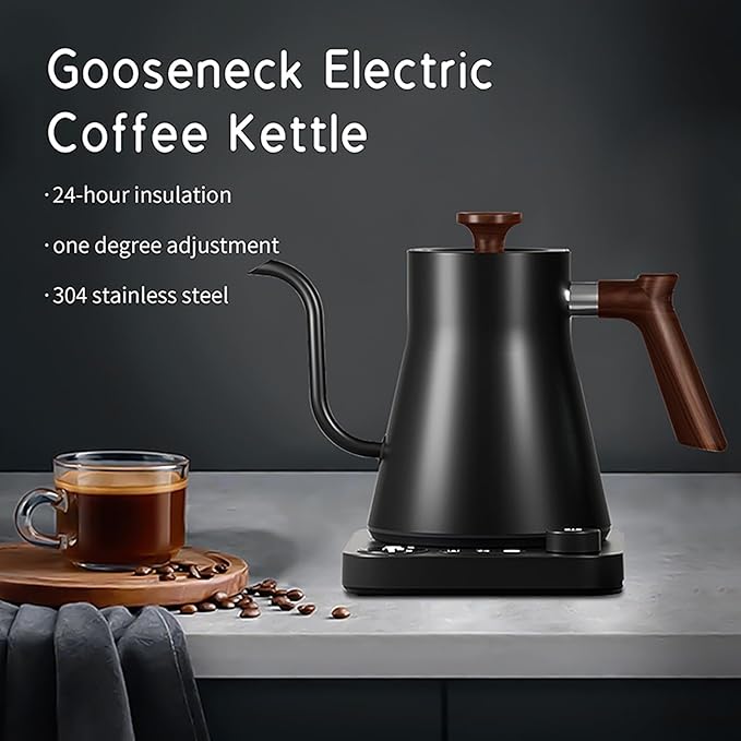 Gooseneck Electric Kettle,Electric Kettles, ±1℉ Temperature Control, Ultra-Quiet 304 Stainless Steel, for Coffee, Tea & Milk, Auto Boil Detection, 8 Safety Protections & Memory Function(Black，0.9L)