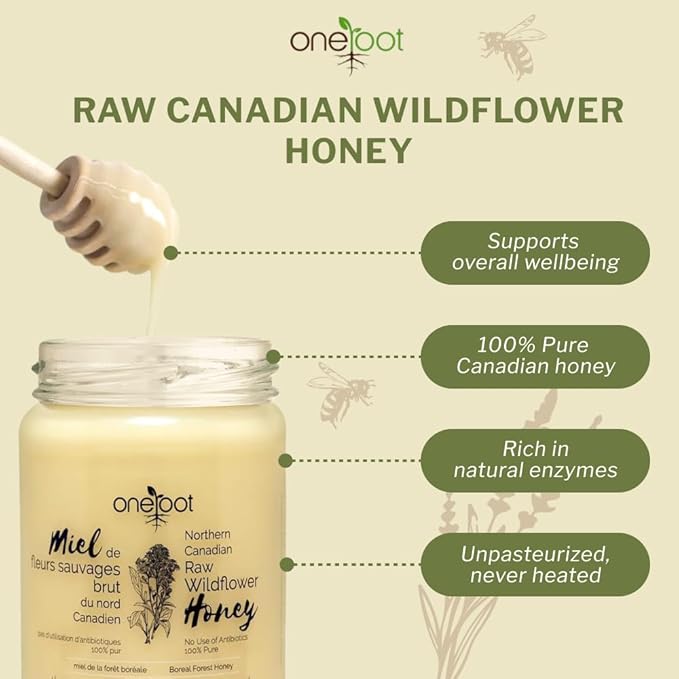 Oneroot 100% Canadian Wildflower Honey - 1.1 lbs, Unheated & Creamed - Nutrient-Rich, Natural Sweetener with Enzymes - Thick & Pure Raw Unfiltered Honey