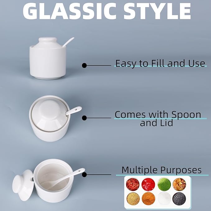 HAOTOP 8 oz Sugar Bowl with Lid and Spoon,Ceramic Sugar Jar Sugar Dispenser Sugar Container Coffee Bar Accessories, Kitchen Countertop Canisters (White)