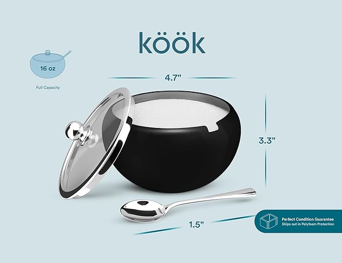 KooK Sugar Bowl, Sugar Bowl with Lid and Spoon, Sugar Container with Lid, for Salt, Coffee, Holds 2 Cups, Dishwasher Safe, Matte Black, 16 Oz