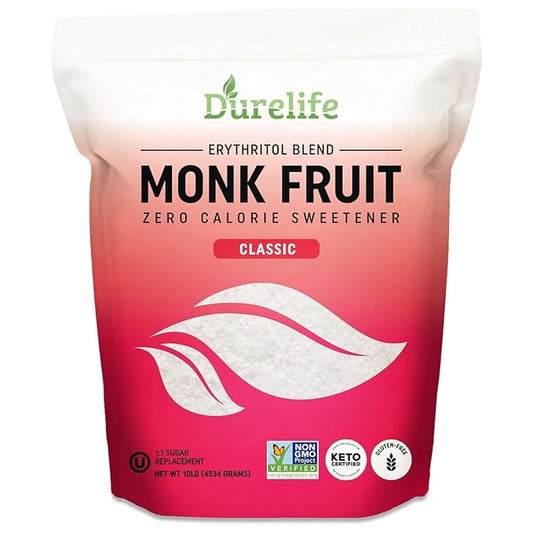 Durelife Monk Fruit Sweetener, Classic - Sugar Substitute, Keto Diet Friendly, 1:1 Zero Calorie, White Sugar Substitute, Classic White - 10 lb Bulk