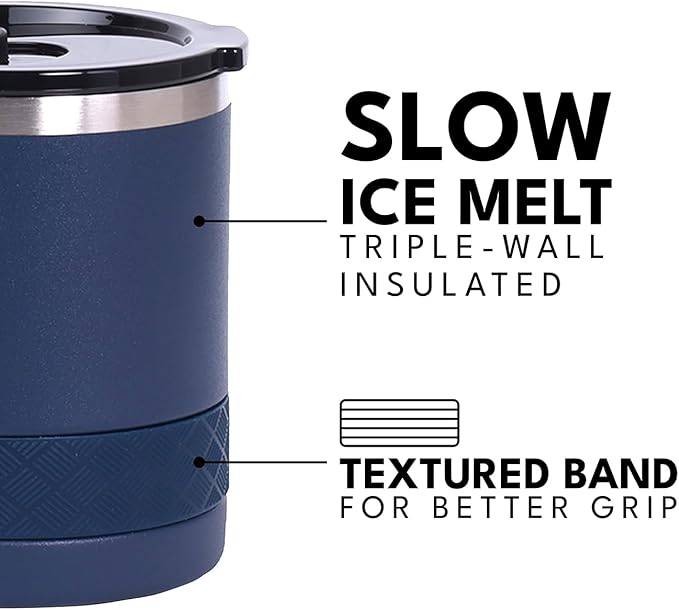 Elemental Recess Lowball Tumbler, 10oz Triple Wall Stainless Steel Cup with Non-Shattered Tritan Lid, Insulated Whiskey Glass, Insulated Coffee Tumbler Mug for Hot & Cold Drinks - Navy Blue