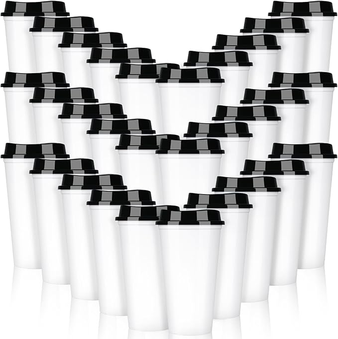 Domensi 30 Pack Reusable Coffee Cups with Lids 16 oz Disposable Travel Cups Bulk Plastic to Go Coffee Tumblers for DIY Hot Cold Drink Party Favors Coworker, Microwaveable (White with Black Lid)