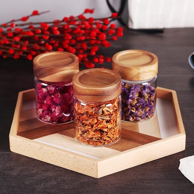SAIOOL 3 Packs Glass Food Storage Jars with Screw Airtight Seal Acacia Wood Lids,Spice Jars with Lids, Organization for Jars Bottles Containers Travel Gear, Sugar, Salt,Coffee, cookies,spices