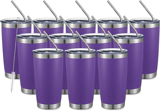 COMOOO 20oz Double Wall Vacuum Insulated Travel Mug Bulk Stainless Steel Tumbler with Lid and Straw Durable Powder Coated Insulated Coffee Cup for Cold & Hot Drinks (Purple, 12 Pack