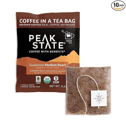 Peak State Immunity Boost Mushroom Coffee with Benefits, Medium Roast – Low Acid and Smooth, Dark Chocolate and Sweet Grape Notes, Organic Whole Bean, Gluten Free, 10 Single Serve Tea Bags