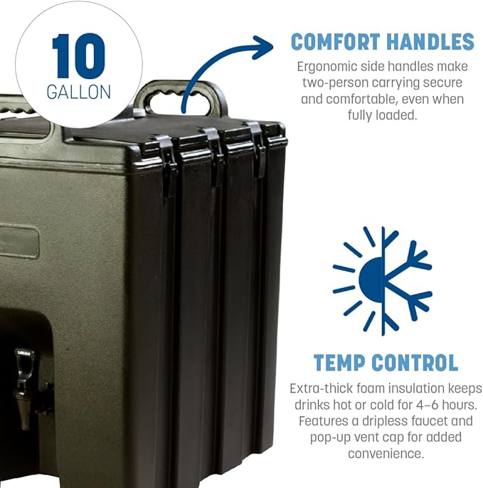 Carlisle FoodService Products Cateraide Insulated Beverage Dispenser with Handles for Catering, Events, Kitchens, and Restaurants, Plastic, 10 Gallons, Black