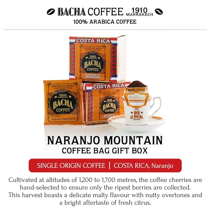 Bacha Coffee | Naranjo Mountain Costa Rica Single Origin, 100% Arabica Specialty Coffee Beans, Medium Dark Roast, x12 Individually Wrapped Single Serve Filter Bags