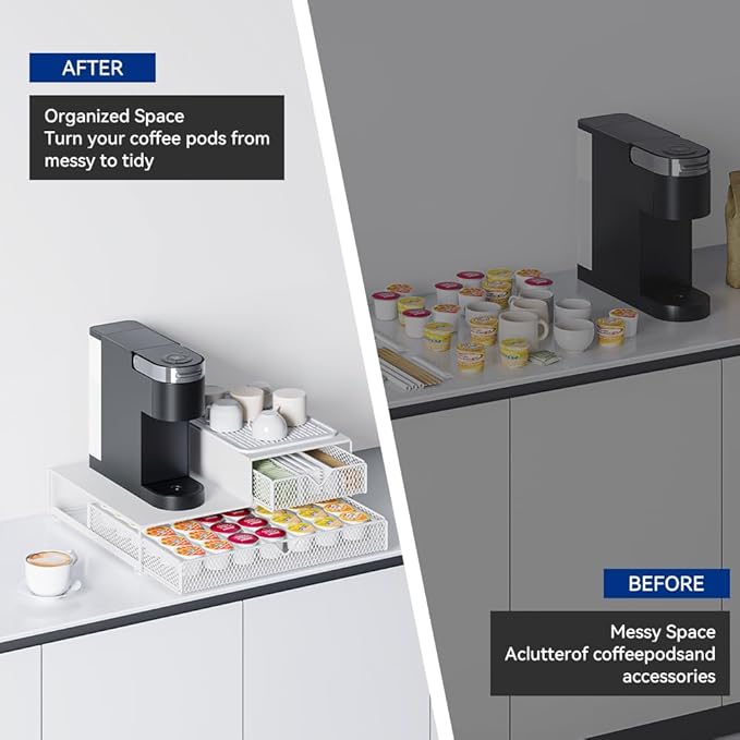 Coffee Maker Countertop Organizer,K Cup Pod Drawers,60 Coffee Capsule Pod Holder,Integrated Design Requires No Assembly.Slidng Storage Pod Baskets,Pod Stands,Silicone Drink Coasters