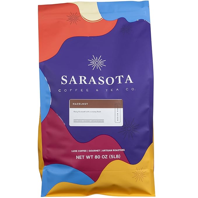 Sarasota Coffee Whole Bean Hazelnut | Medium Roast Gourmet Flavored Coffee Beans | Low Acid, Mold Free, Specialty Grade Bulk Beans | 5lb (80 oz)