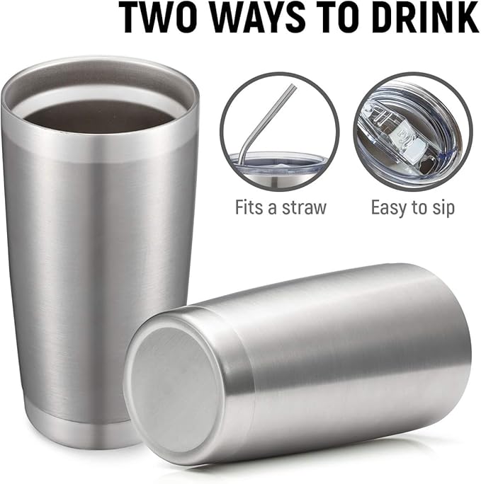 COMOOO 20oz Double Wall Vacuum Insulated Travel Mug, Stainless Steel Tumbler with Lid and Straw Durable Powder Coated Insulated Coffee Cup for Cold & Hot Drinks (Silver. 2 pack