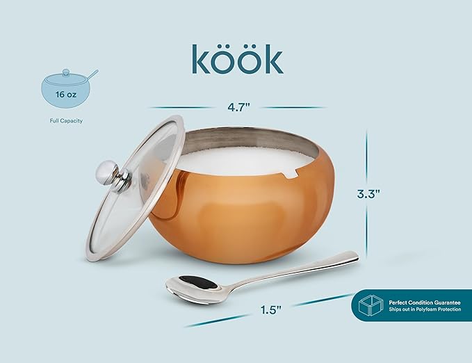 KooK Sugar Bowl, Sugar Bowl with Lid and Spoon, Sugar Container with Lid, for Salt, Coffee, Holds 2 Cups, Dishwasher Safe, Copper, 16 Oz