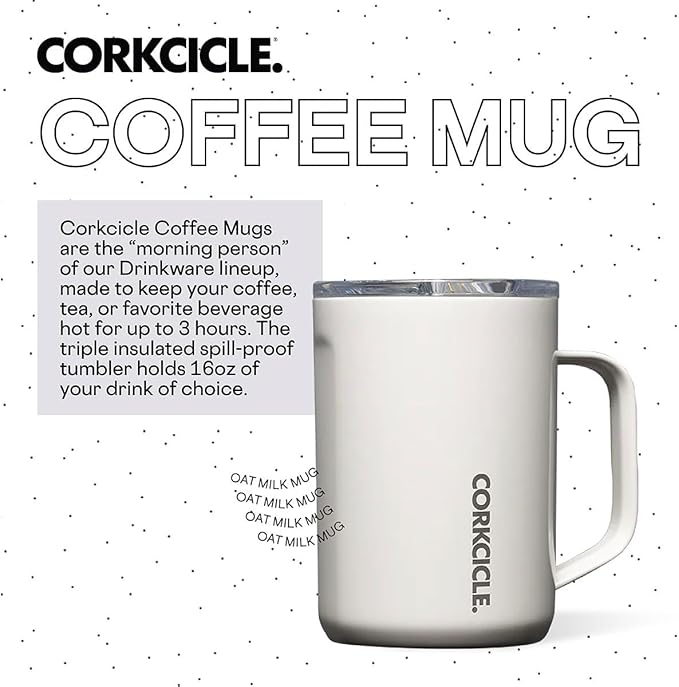 Corkcicle Classic Coffee Mug - Triple Insulated Stainless Steel for Travel - Shatter-Proof Lid - Keeps Drink Hot Over 3 Hours - Holiday Mug Gift - Great for Gifting Warmth - 16 oz - Oat Milk