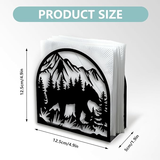 Forest Animals Mountain Decorative Black Metal Napkin Holder for Table, 4.9" x 4.9" x 1.9" Bear Standing Napkin Holder for Home Kitchen Restaurant Picnic Party Coffee Bar Dining Room