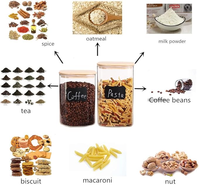 Large Glass Flour and Sugar Containers, Set of 2-120 oz Glass Food Storage Containers with Airtight Lids, Square Jars with Bamboo Lids for Rice, Pasta, Cookies, Sugar