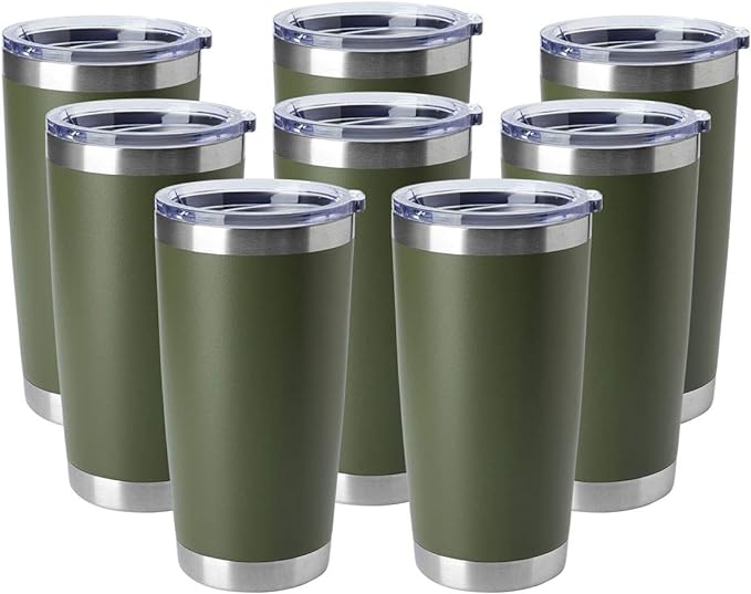 HASLE OUTFITTERS 20oz Tumblers Bulk Stainless Steel Cup with Lid Double Wall Vacuum Insulated Coffee Mug for Cold & Hot Drinks 8 Pack, Army Green