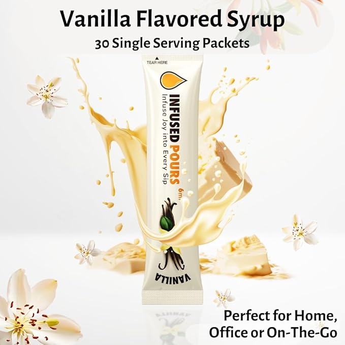 Single Serving Vanilla Syrup Packets for Coffee and Cocktails - 6mL Each, 30 Count - Bag of Syrups by Infused Pours (6mL, Vanilla)