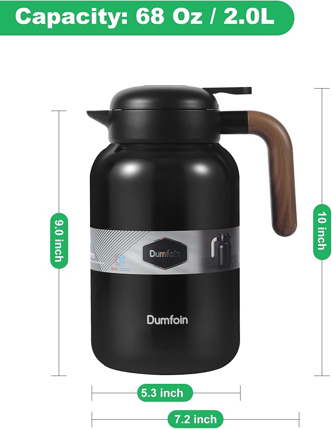 68 Oz Thermal Coffee Carafe, 2 PCS Stainless Steel Insulated Vacuum Coffee Carafes For Keeping Hot, 2 Liter Carafe for Hot Liquids (Black/Black)