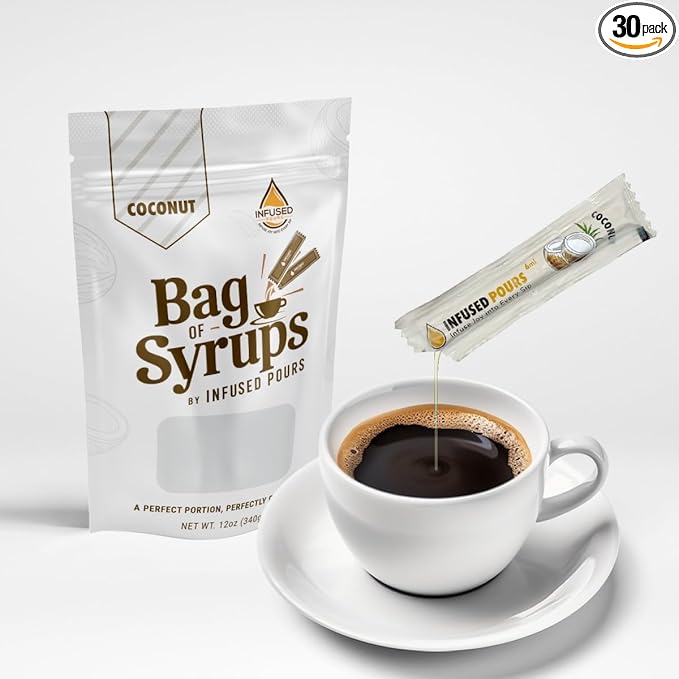 Single Serving Coconut Syrup Packets for Coffee and Cocktails - 6mL Each, 30 Count - Bag of Syrups by Infused Pours (6mL, Coconut)