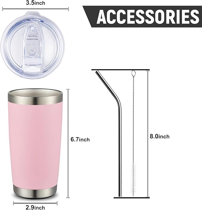 COMOOO 20oz Double Wall Vacuum Insulated Travel Mug Stainless Steel Tumbler with Lid and Straw Durable Powder Coated Insulated Coffee Cup for Cold & Hot Drinks (Pink, 12 pack