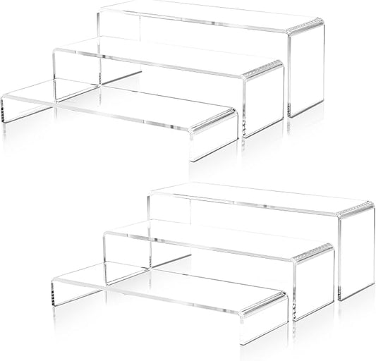 2 Set Large Acrylic Clear Display Risers, 3 Sizes 12" Rectangular Showcase Collectibles Display Shelf, 5mm Thick Desktop Display Stand Holder for Figures, Jewelry, Perfume, Toys