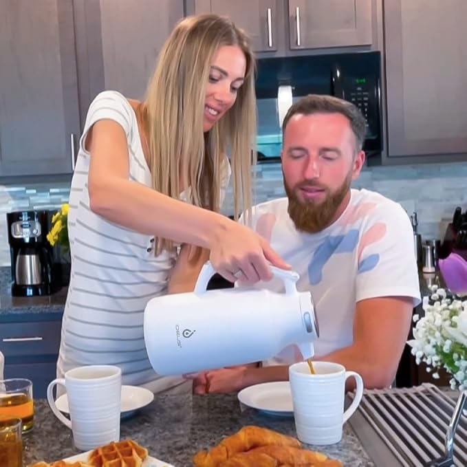 IDEUS Thermal Coffee Carafe 68oz (2,000ml), Stainless Steel Double Wall Insulated Vacuum Flask, Water Jug Coffee Server and Beverage Dispenser, Heat and Cold Retention (Metallic, 68oz (2,000ml))