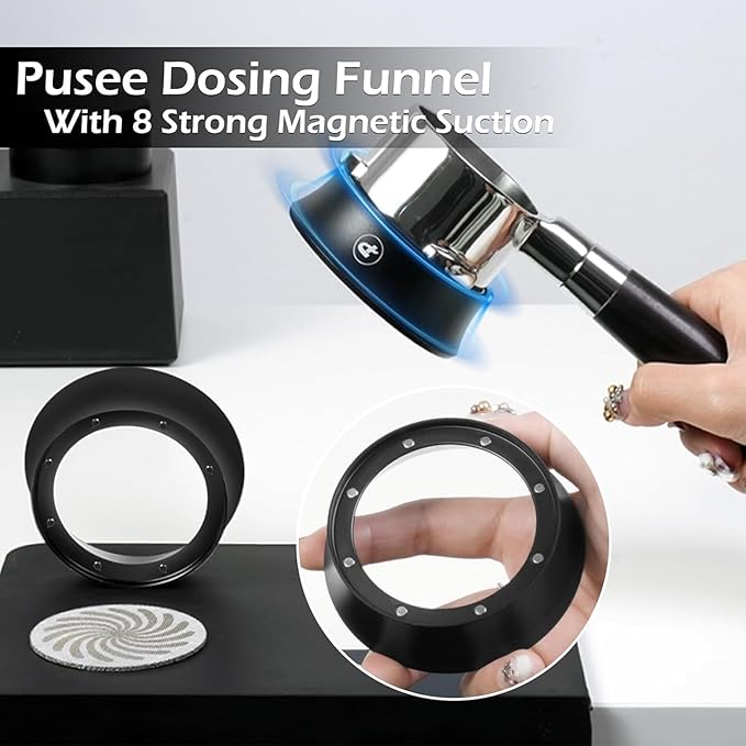 PUSEE 54mm Magnetic Dosing Funnel & Puck Screen Set 8 Magnetic Espresso Coffee Dosing Ring Reusable 1.7mm Puck Screen 316 Stainless Steel Fits All 54mm Portafilters Espresso Tools Espresso Accessories