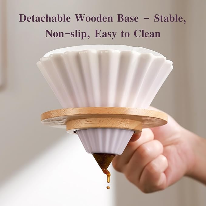 Bincoo Ceramic Coffee Dripper,Pour Over Coffee Dripper with Wood Stand, Flower-shape for 1-2 Cups Slow Brewing Maker for Home Cafe (Purple)