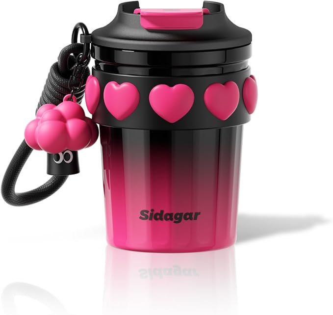 12 OZ Travel Coffee Mug with Lid Spill Proof Leak Proof, Stainless Steel Thermal Coffee Tumbler for Hot and Cold, Resuable Insulated Coffee Cup For Women, Black and Pink