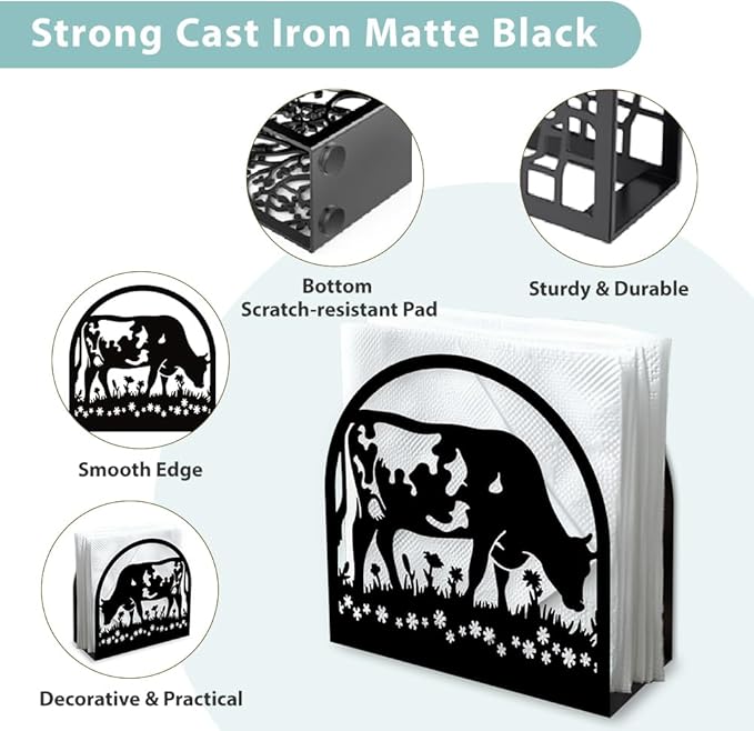 Cow Eating Grass Decorative Black Metal Napkin Holder for Table, 4.9" x 4.9" x 1.9" Standing Napkin Holder for Home Kitchen Restaurant Picnic Party Coffee Bar Dining Room