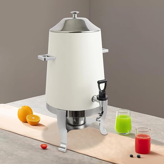 Stainless Steel Beverage Dispensers, Drink Dispenser with Fuel Holder & Base & Stainless Steel Faucet 3.4Gal Hot Beverage Dispenser, Commercial Coffee Urn for Hotels, Canteens（Silver, White）