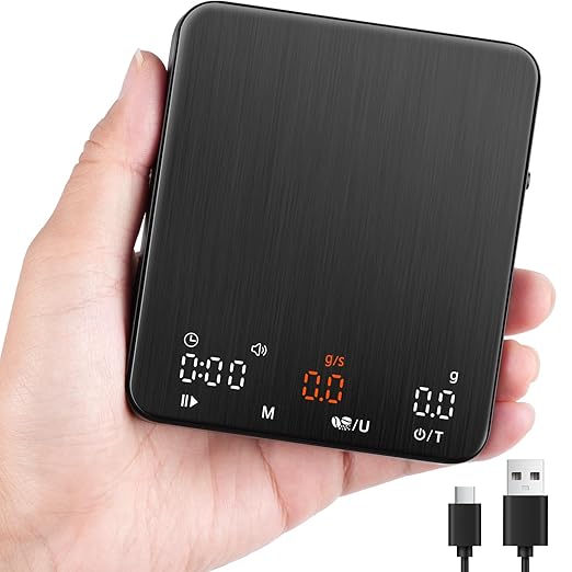 Mini Espresso Coffee Scale with Timer & Flow Rate, 2kg/0.1g Precision Digital Coffee Scale, Portable Espresso Scale Rechargeable via USB-C, Triple Brew Modes, LED Display, Mute Mode, g/oz/lb:oz