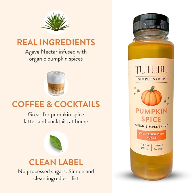 Pumpkin Spice Agave Simple Syrup for Coffee, Cocktails, Matcha - Sweetened with Agave Nectar - Infused with Real Pumpkin Spices - 13.5 oz