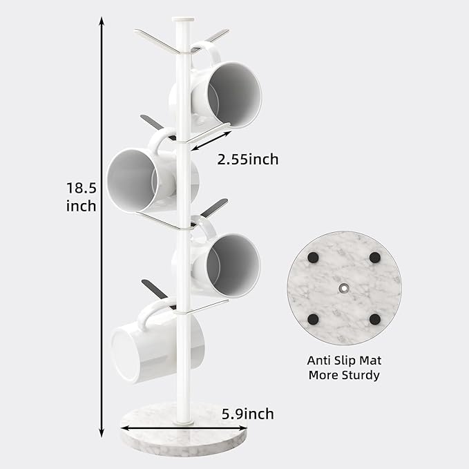 Mug Holder Tree with Marble Base, 8 Hooks White Coffee Cups Holder Stand, New Upgrad Stable Removable Mug Rack for Kitchen Cafe