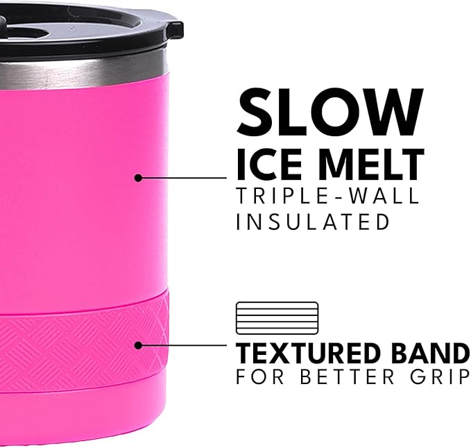 Elemental Recess Lowball Tumbler, 10oz Triple Wall Stainless Steel Cup with Non-Shattered Tritan Lid, Insulated Whiskey Glass, Insulated Coffee Tumbler Mug for Hot & Cold Drinks - Hot Pink
