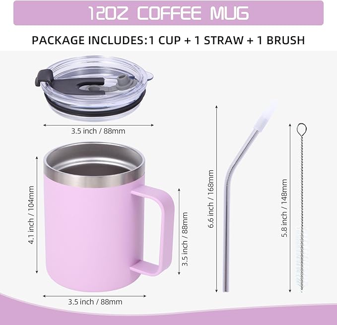 Volhoply 12oz Insulated Leakproof Coffee Mug with Flip & Straw Lid Bulk 2 Pack,Double Wall Vacuum Stainless Steel Travel Tumbler Cup with Handle,Reusable Camping Mugs Keep Cold/Hot(Purple,2 Set)