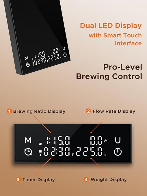 Metal Coffee Scale with Auto Timing, Rechargeable Espresso Scale with Timer, Ratios & Flow Rate Display, 3 Brew Modes, Barista-Grade for Pour-Over, Espresso, French Press – 2kg/0.1g, Black