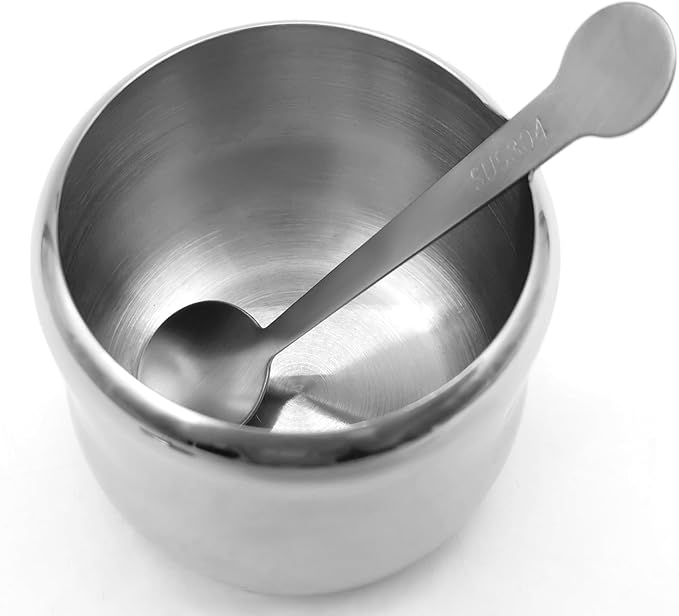 Stainless Steel Sugar Bowl, 10 OZ, 300 ml, with Lid and Spoon, Silver, Round, Geometric Pattern, Durable, Rust Resistant, Dishwasher Safe, Home and Kitchen Storage