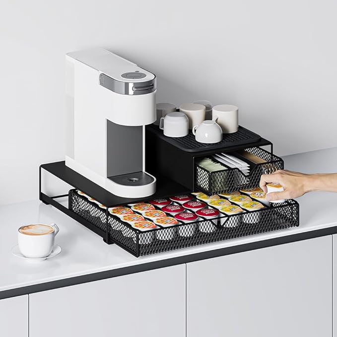 Coffee Maker Countertop Organizer,K Cup Pod Drawers,60 Coffee Capsule Pod Holder,Integrated Design Requires No Assembly.Slidng Storage Pod Baskets,Pod Stands,Silicone Drink Coasters