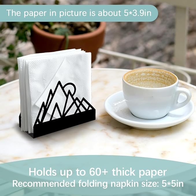 Geometric Mountains Decorative Black Metal Napkin Holder for Table, 4.9" x 4.9" x 1.9" Standing Napkin Holder for Home Kitchen Restaurant Picnic Party Coffee Bar Dining Room