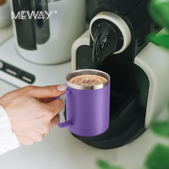 MEWAY 12oz Coffee Mug With Handle and Sliding Lid,Stainless Steel Travel Tumbler Cup with Handle,Double Wall Vacuum Insulated Camping Cup for Hot & Cold Drinks Tea (Purple,Set of 1)