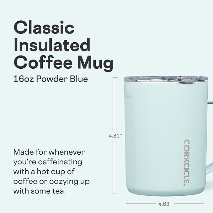 Corkcicle Classic Coffee Mug - Triple Insulated Stainless Steel for Travel - Shatter-Proof Lid - Keeps Drink Hot Over 3 Hours - Holiday Mug Gift - Great for Gifting Warmth - 16 oz - Powder Blue