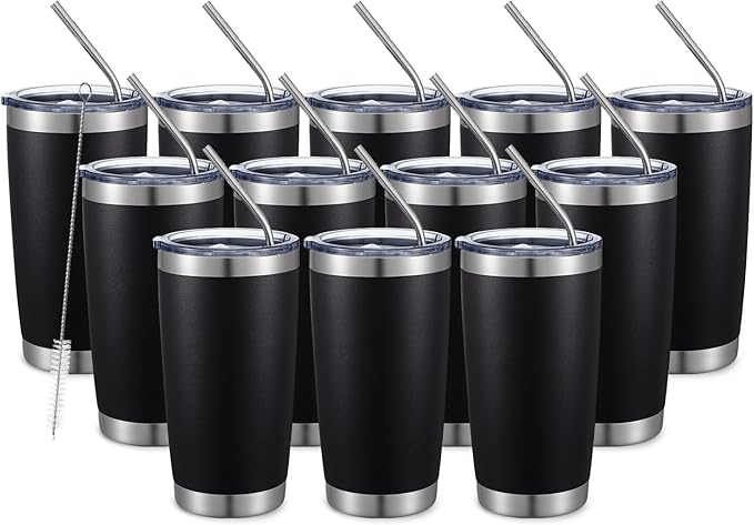 COMOOO 20oz Double Wall Vacuum Insulated Travel Mug, Stainless Steel Tumbler with Lid and Straw Durable Powder Coated Insulated Coffee Cup for Cold & Hot Drinks (Black, 12 pack