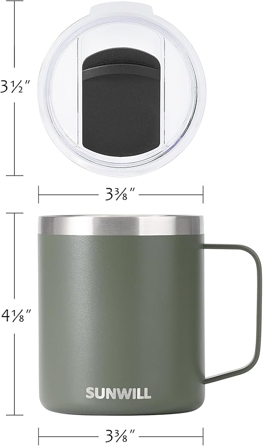 SUNWILL Travel Coffee Mug with Lid, Insulated Tumbler with Handle, 14 oz Stainless Steel Cup for Home, Office, Camping, Powder Coated Camp Green