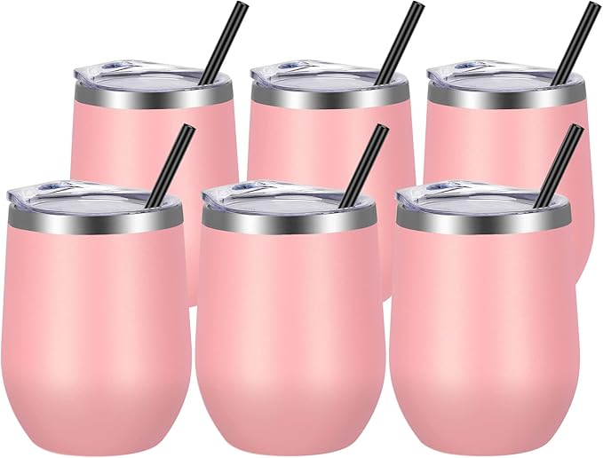 VEGOND Wine Tumblers Bulk 6 Pack, 12oz Stainless Steel Stemless Wine Glass with Lids and Straws, Double Wall Vacuum Insulated Tumbler Cup, Coffee Mug for Cold Hot Drinks